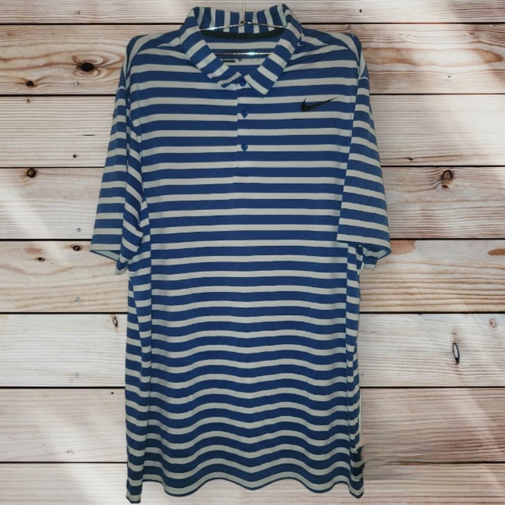 NIKE Dri-Fit Men’s XL Standard Fit Blue White Striped Golf Polo Shirt